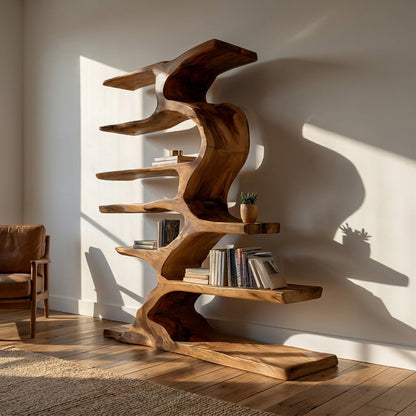 Organic Sculptural Wooden Bookshelf With Tiers For Living Room Lynnsnail