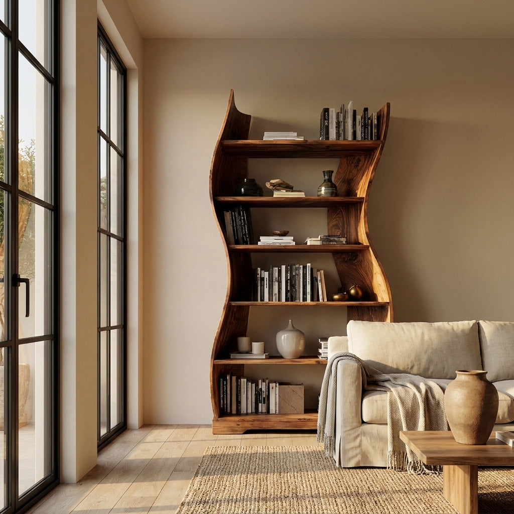 Contemporary Flowing Wooden Bookshelf For Living Room Lynnsnail