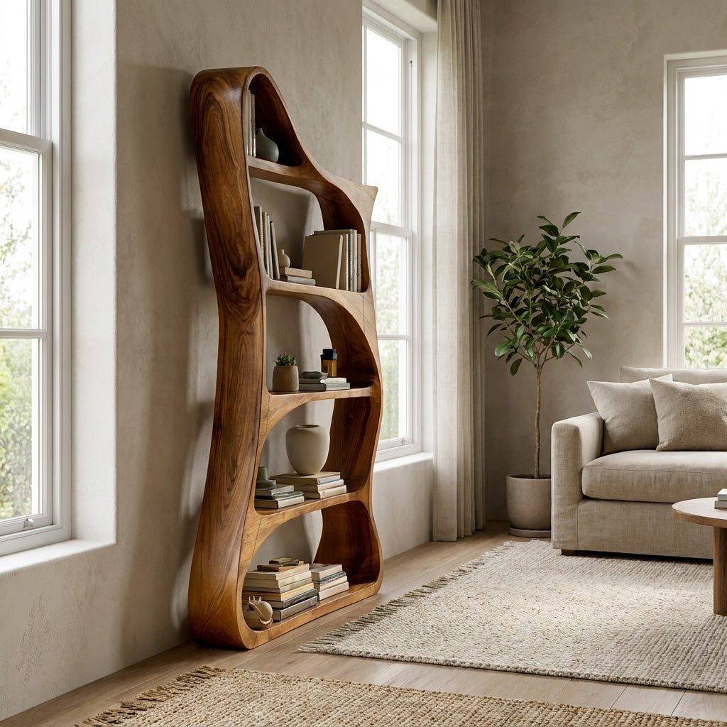 Modern Sculptural Natural Wood Bookshelf For Living Room Lynnsnail