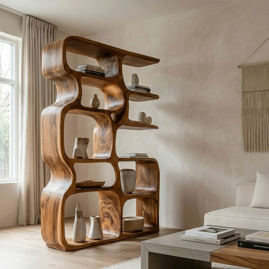 Minimalist Artistic Natural Wood Bookshelf For Living Room Lynnsnail