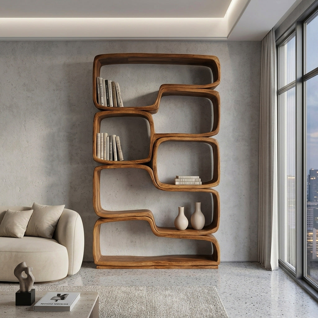 Contemporary Sculptural Natural Wood Bookshelf For Living Room Lynnsnail
