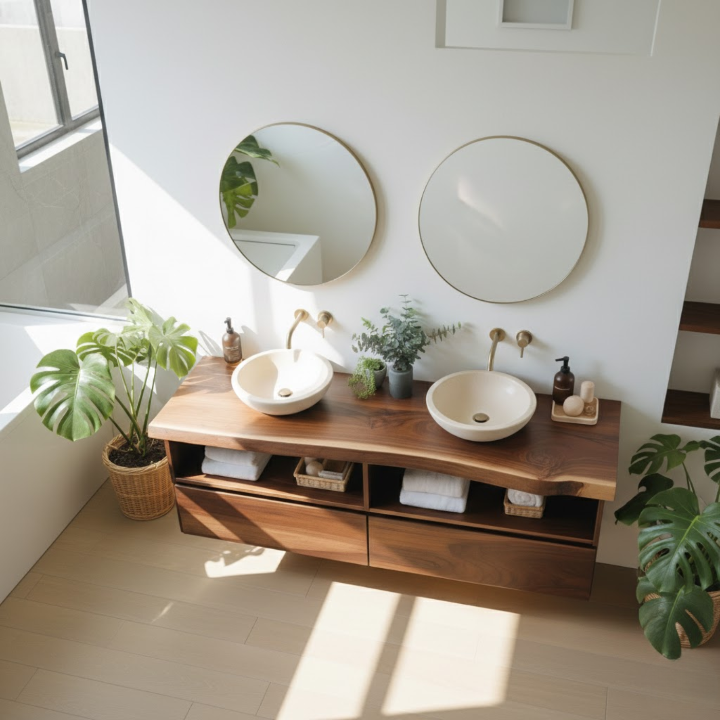 Handcrafted Solid Wood Floating Bathroom Vanity with Open Shelves & Soft-Close Drawers Lynnsnail