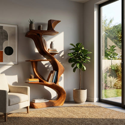 Sculptural Natural Wood Bookshelf For Living Room Lynnsnail