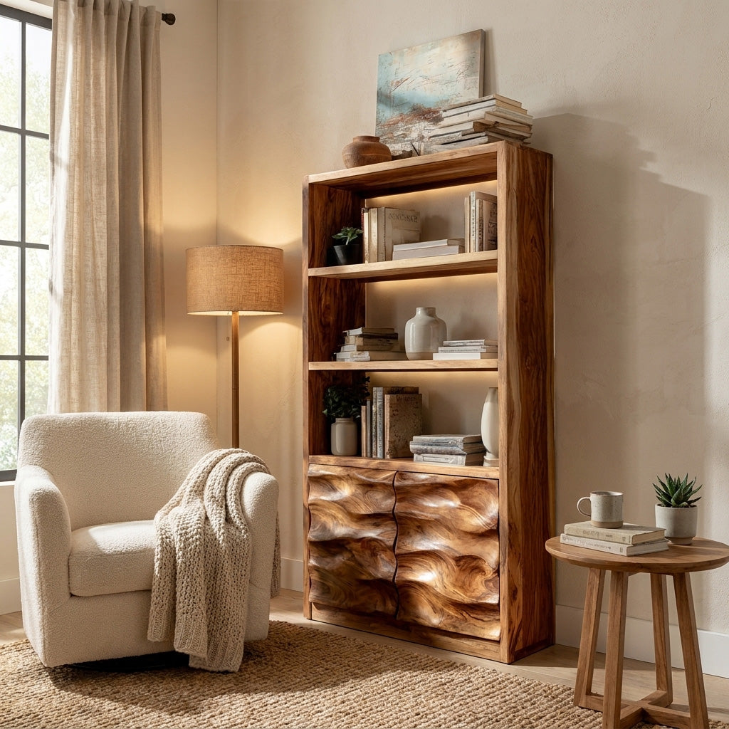 Minimal Wooden Bookshelf With Wavy Drawer Front For Home Lynnsnail