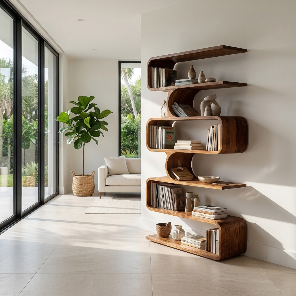 Handcrafted Wooden Bookshelf With Sculpture Edges For Living Room Lynnsnail