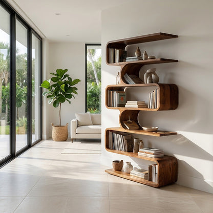 Handcrafted Wooden Bookshelf With Sculpture Edges For Living Room Lynnsnail