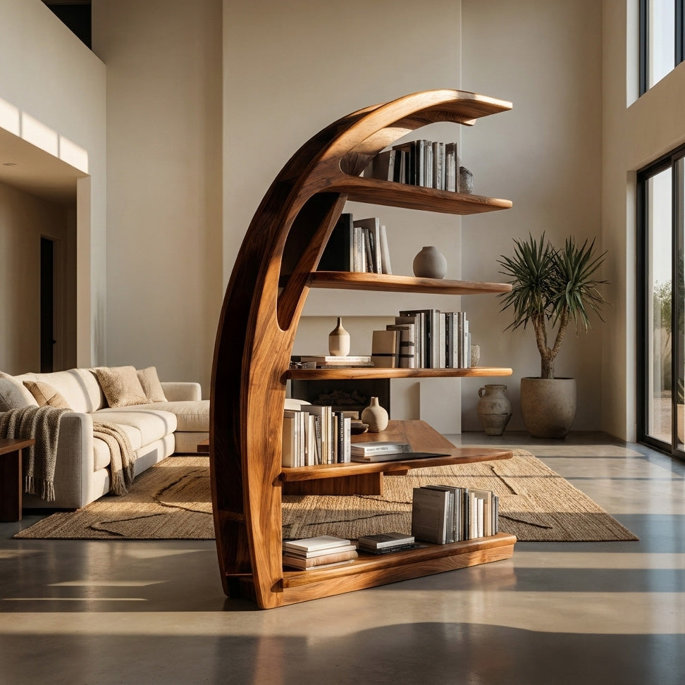 Minimal Curved Wooden Bookshelf For Living Room Display Lynnsnail