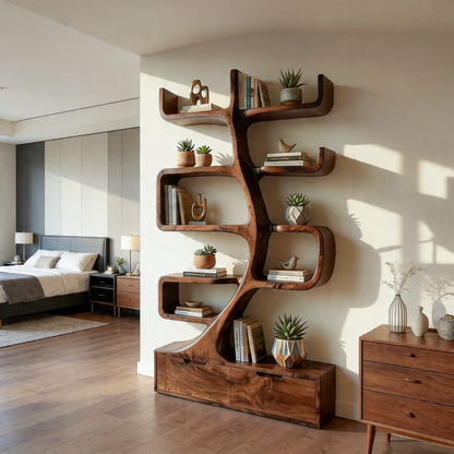 Wooden Bookcase With Tiers And Built-in Drawers For Home Lynnsnail