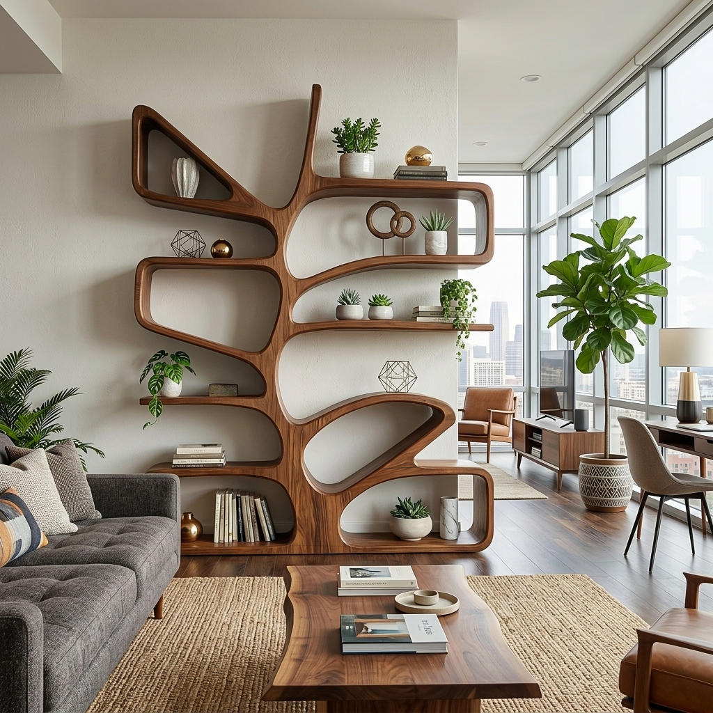 Organic Wooden Bookcase With Sculptural Form For Living Space Lynnsnail