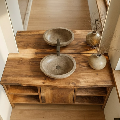Handcrafted Solid Wood Bathroom Vanity with Central Sliding Door & Open Storage Shelves Lynnsnail