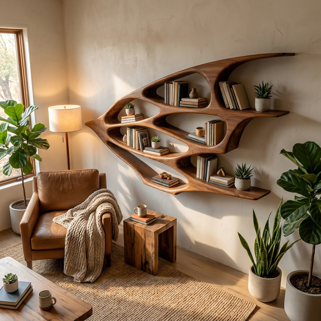 Organic Wooden Floating Bookshelf For Minimalist Home Decor Lynnsnail
