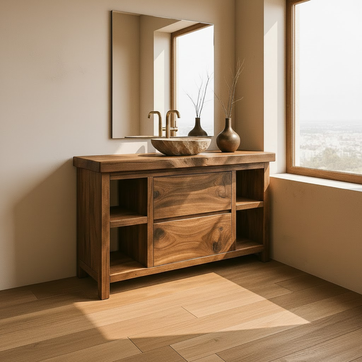 Handcrafted Solid Wood Bathroom Vanity with Live Edge Top and Curved Drawer Design Lynnsnail