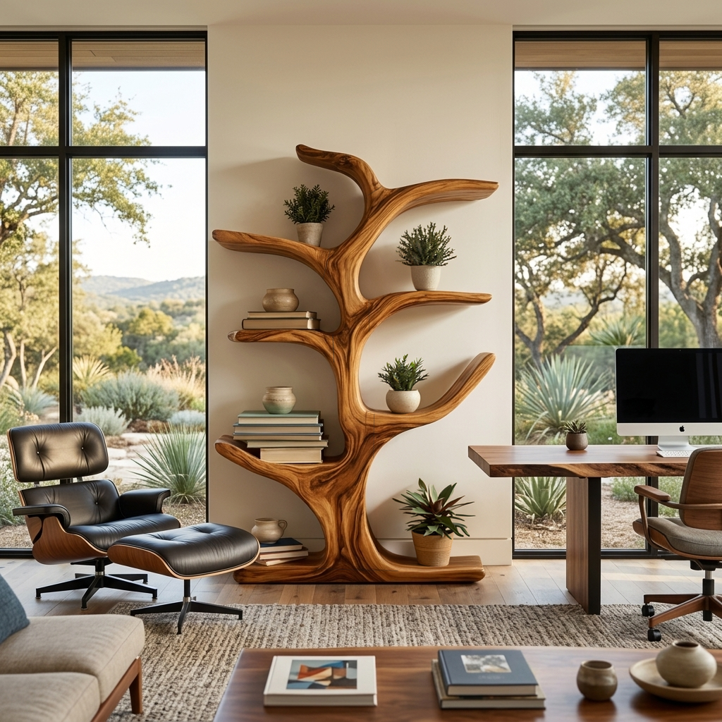 Modern Wood Bookshelf Sculptural Curved Design For Living Room Lynnsnail