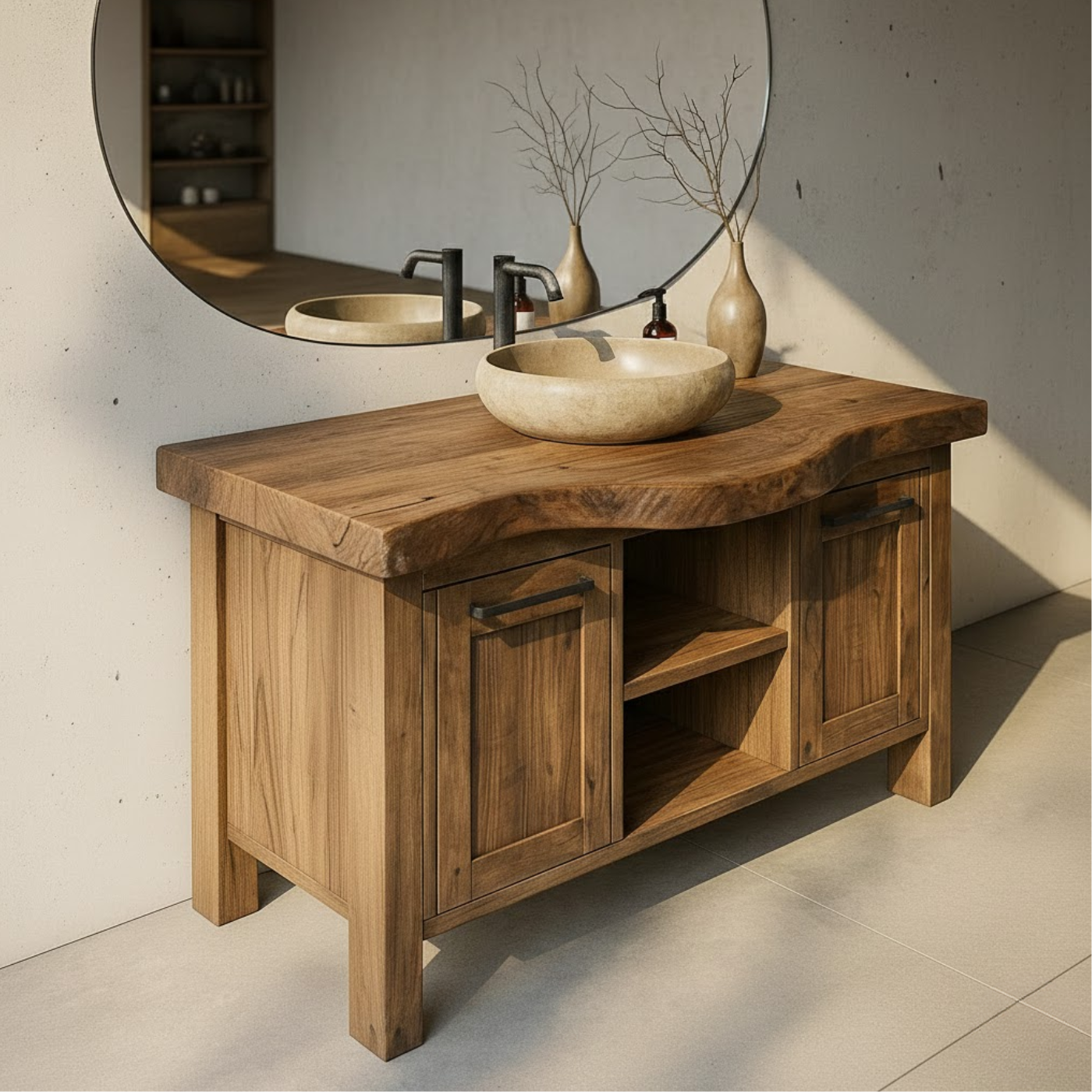 Handcrafted Solid Wood Bathroom Vanity with Live-Edge Top and Dual Side Cabinets Lynnsnail