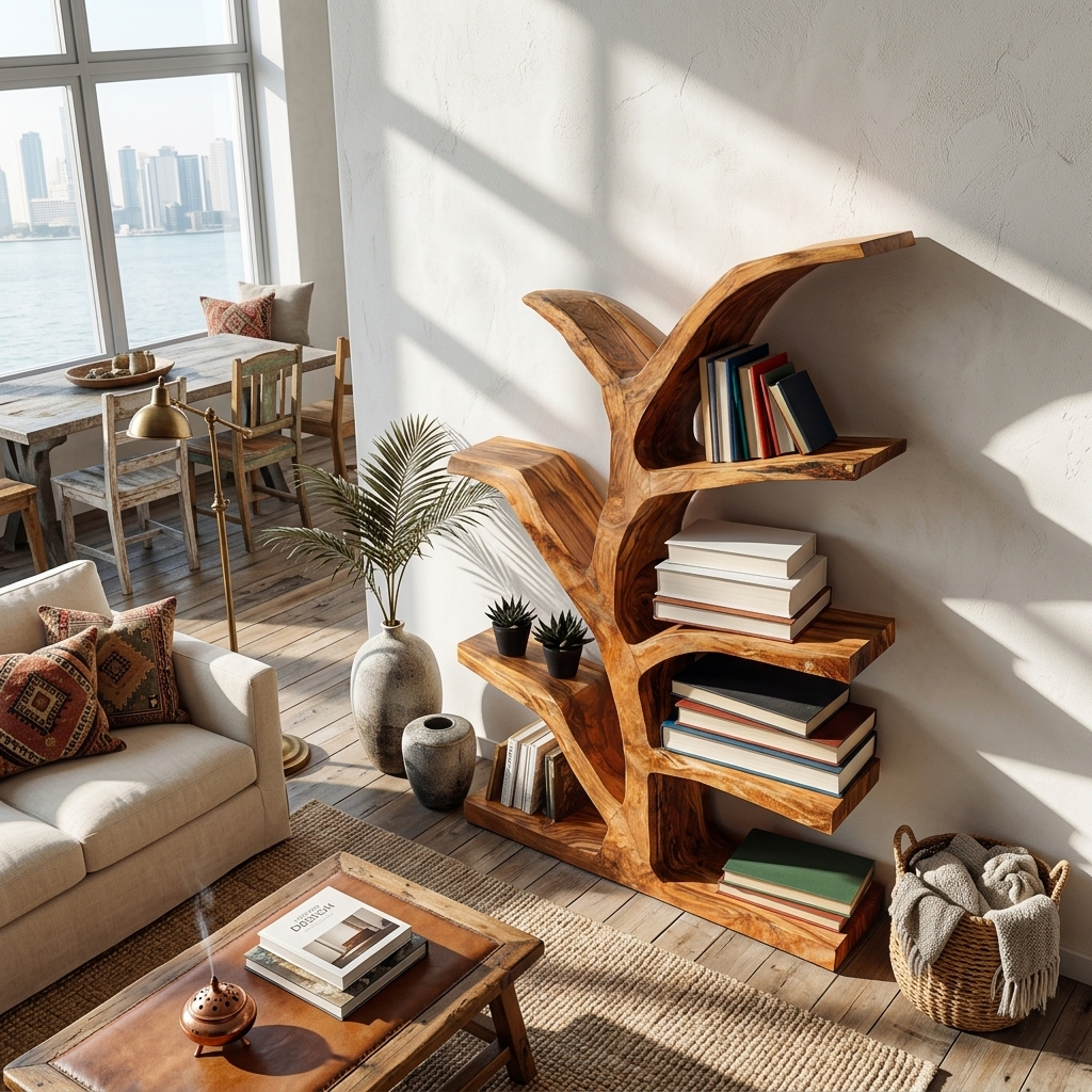 Wooden Bookshelf With Organic Form For Living Area Lynnsnail