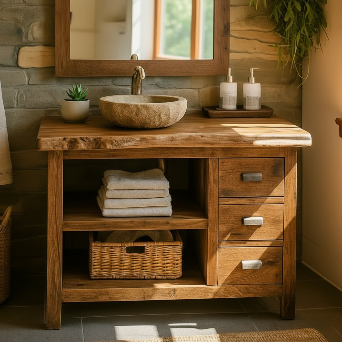 Handcrafted Solid Wood Bathroom Vanity with Live-Edge Top and Spacious Open Storage Lynnsnail