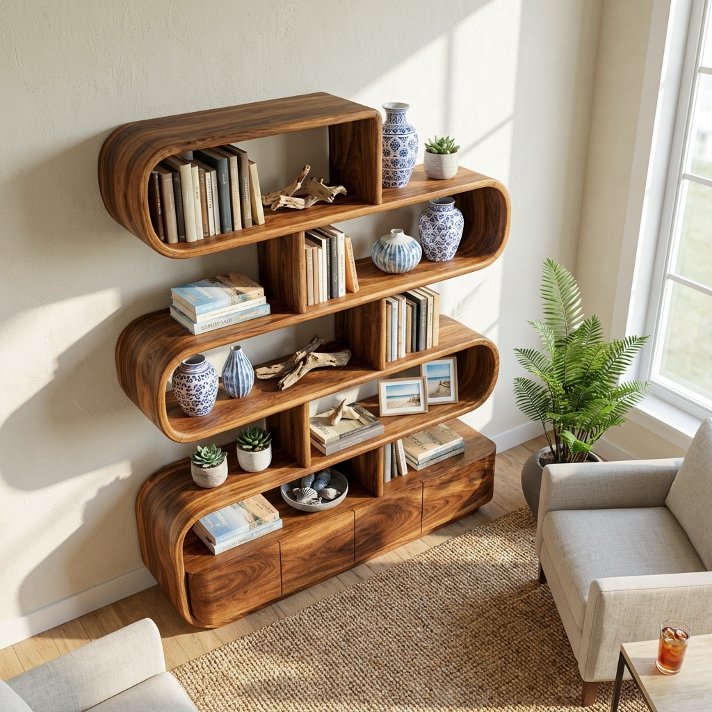 Organic Wooden Bookshelf With Flowing Form For Home Interior Lynnsnail