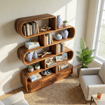 Organic Wooden Bookshelf With Flowing Form For Home Interior Lynnsnail