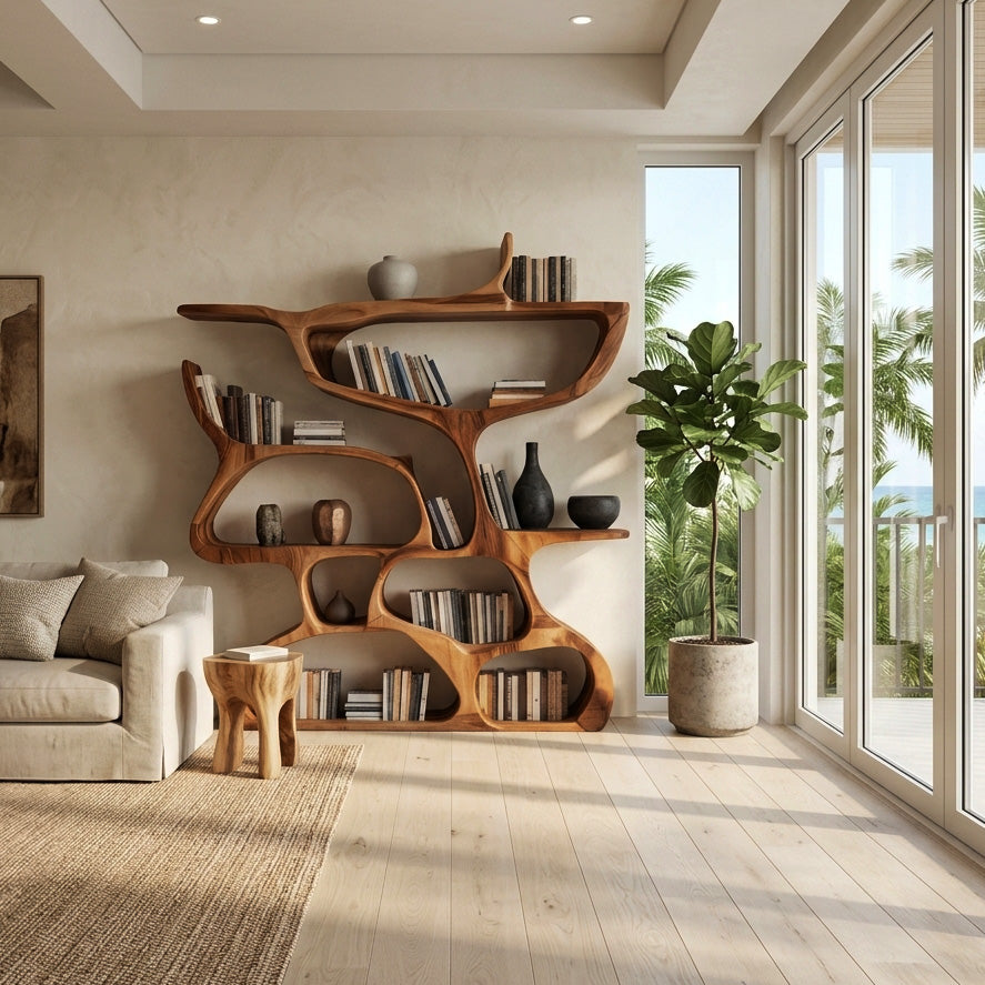 Modern Bookshelf With Organic Carved Design For Living Room Or Office Lynnsnail