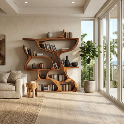 Modern Bookshelf With Organic Carved Design For Living Room Or Office Lynnsnail