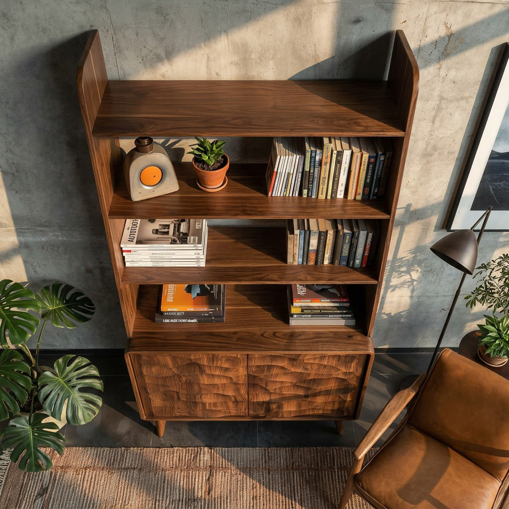 Modern Bookshelf With Carved Wave Cabinet Doors For Home Lynnsnail