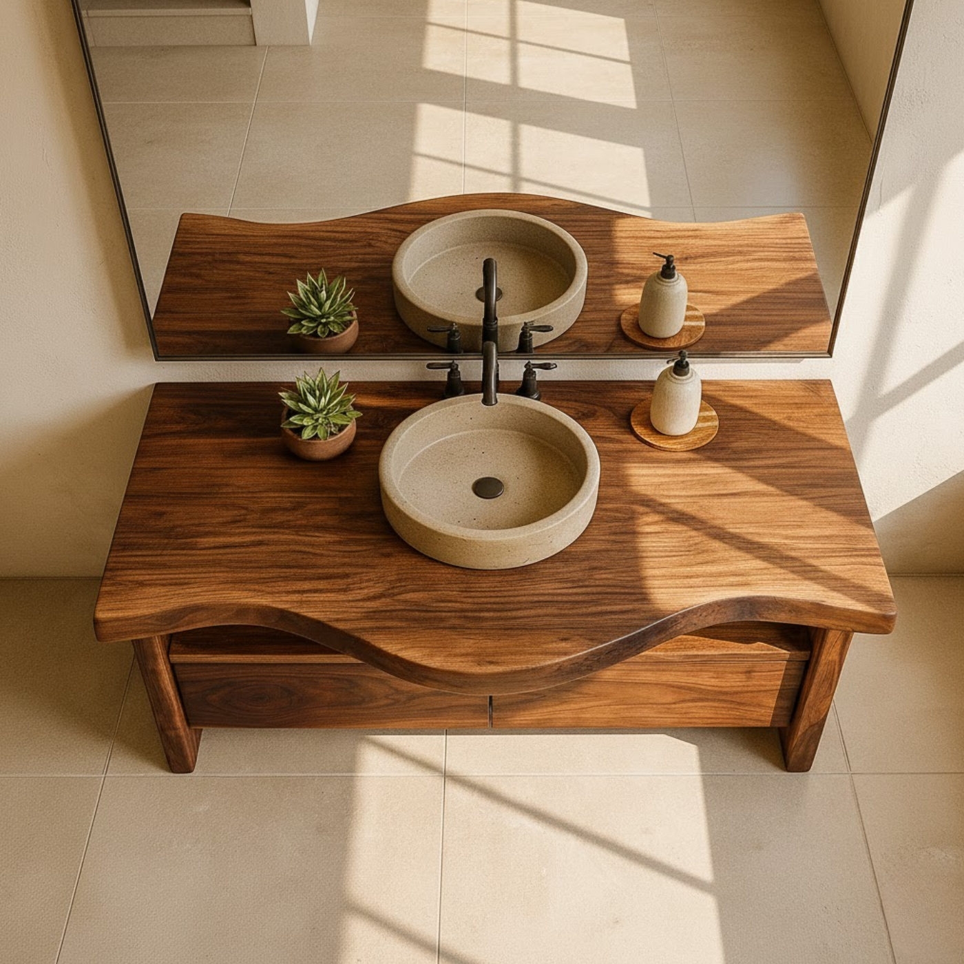 Handcrafted Solid Wood Bathroom Vanity with Live-Edge Walnut Top and Modern Storage Drawers Lynnsnail