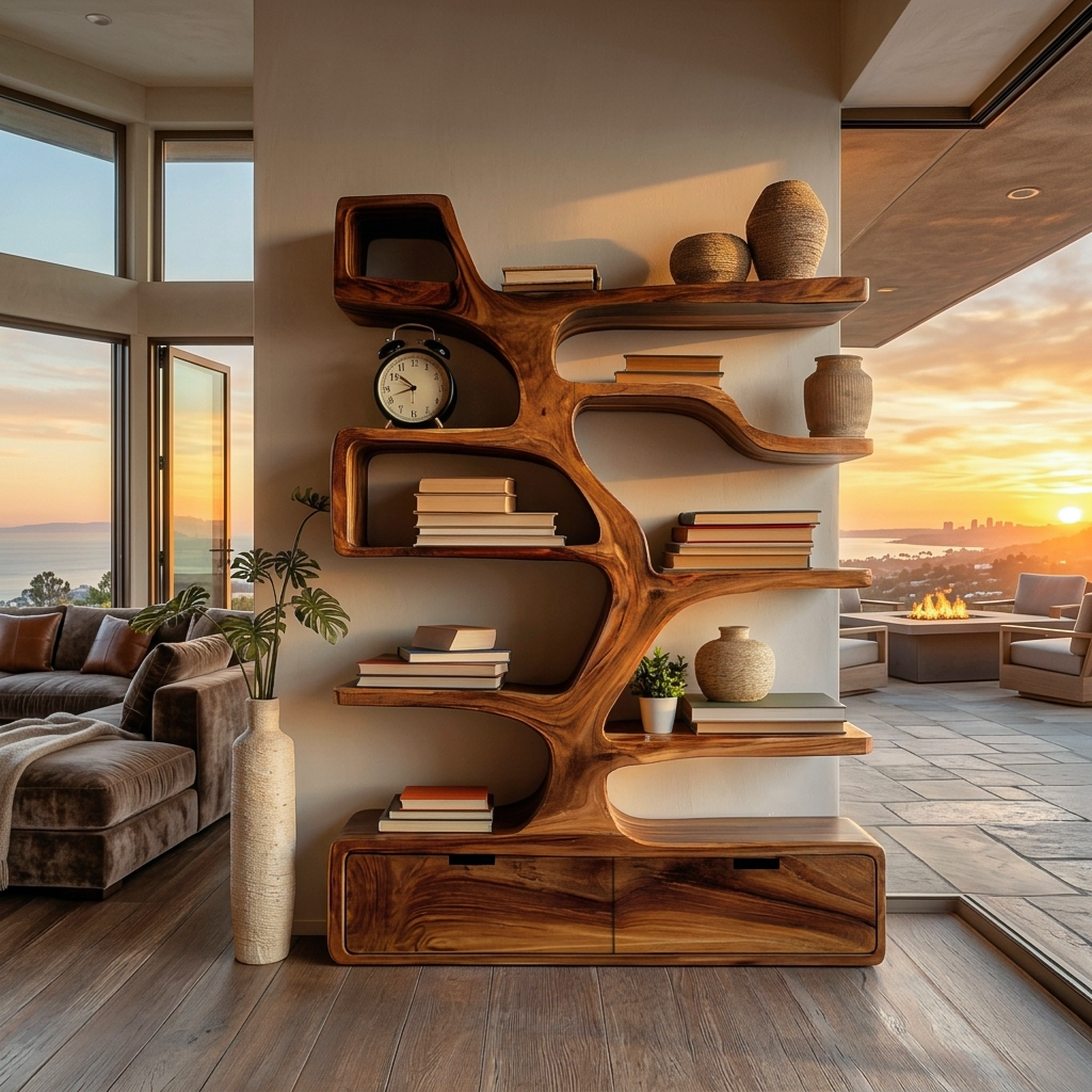 Contemporary Wooden Bookshelf Sculpted Design For Living Space Lynnsnail
