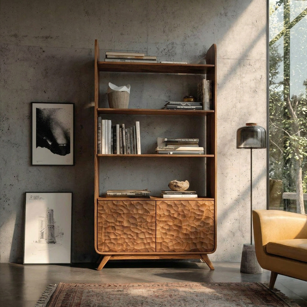 Contemporary Wooden Bookshelf With Sculpted Door Panels For Living Lynnsnail