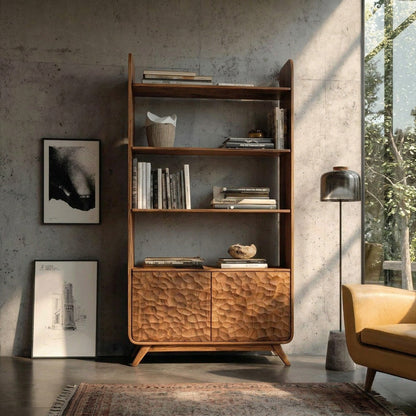 Contemporary Wooden Bookshelf With Sculpted Door Panels For Living Lynnsnail