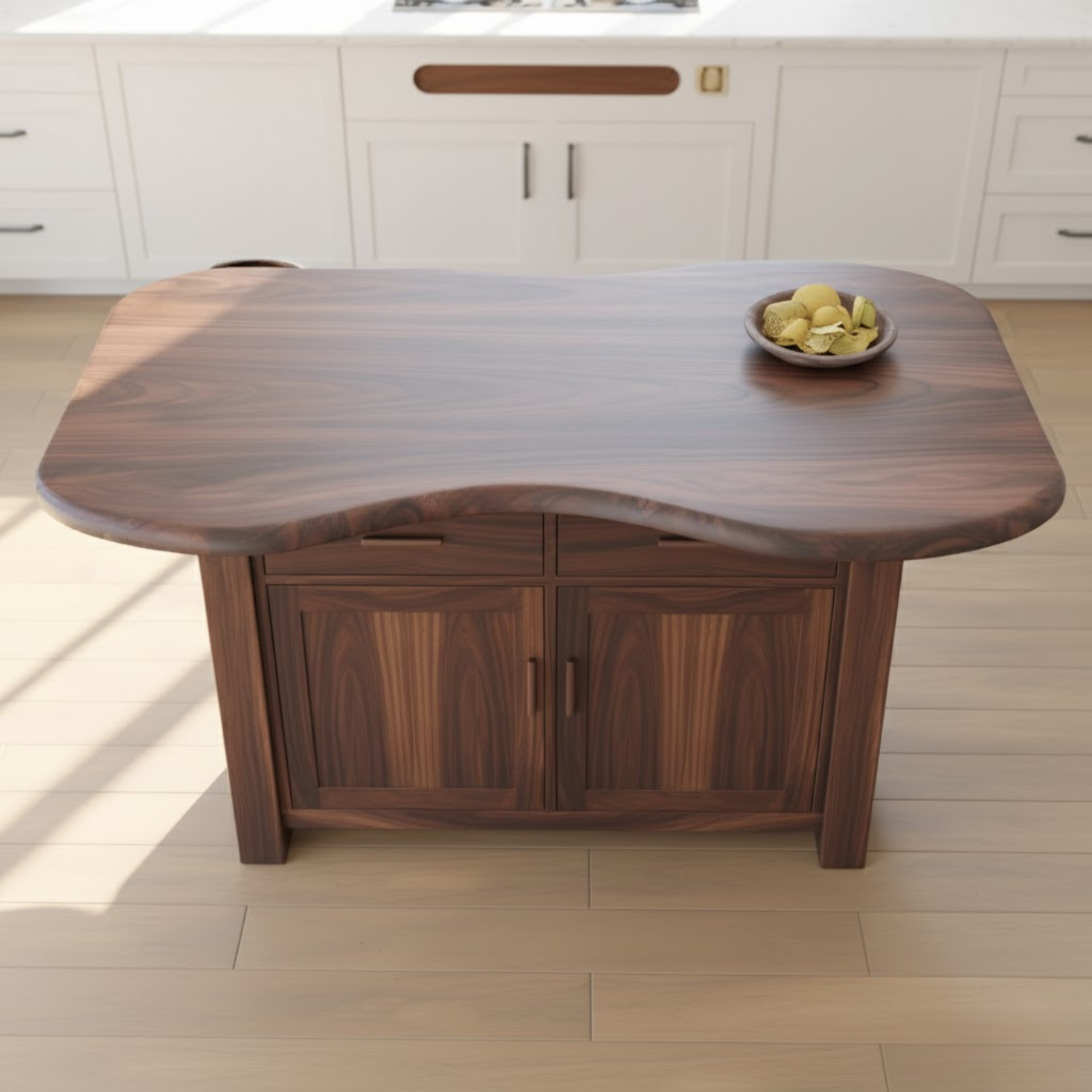 Handcrafted Solid Wood Kitchen Island with Live-Edge Curved Top and Spacious Storage Lynnsnail