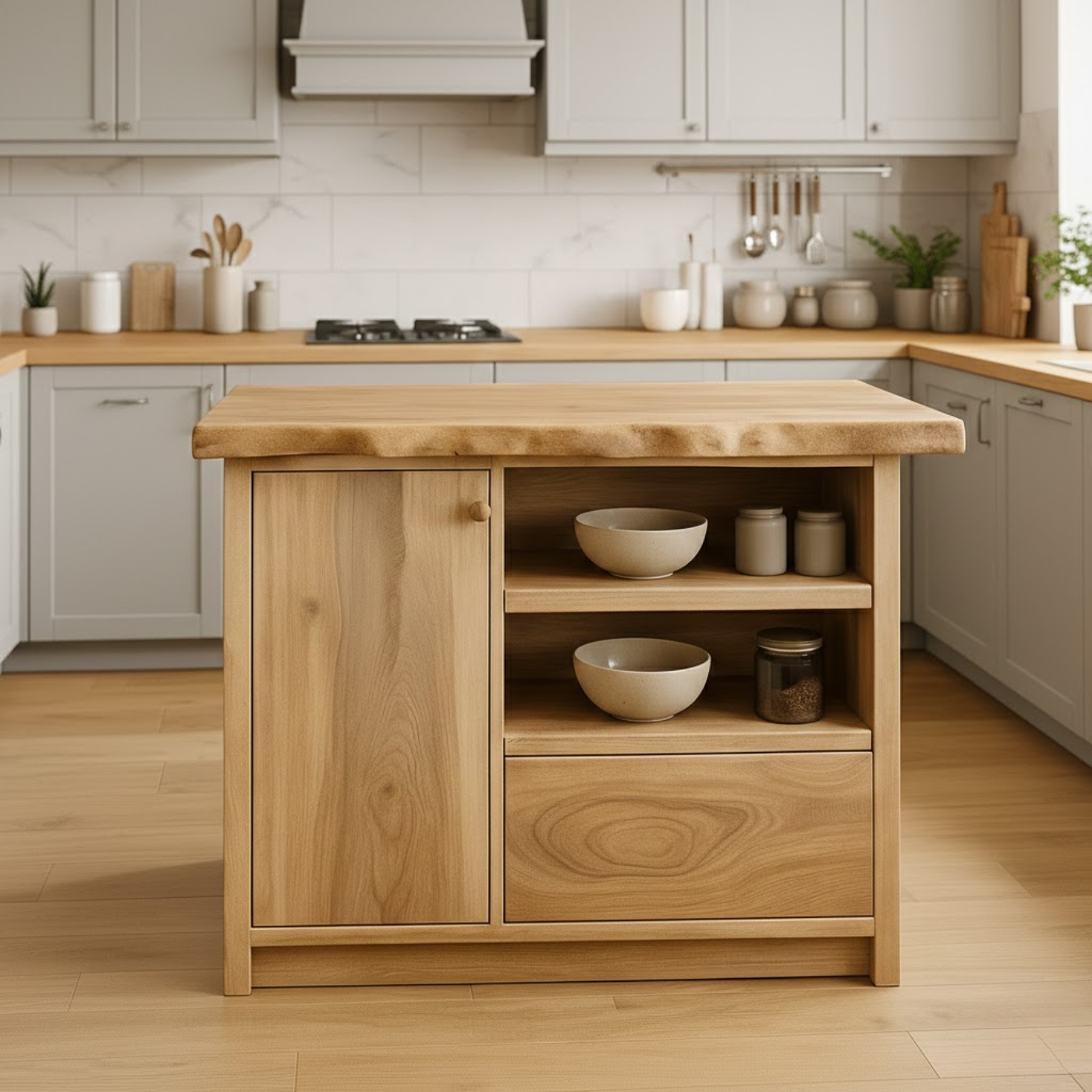 Handcrafted Solid Wood Kitchen Island with Live-Edge Top and Open Storage Shelves Lynnsnail