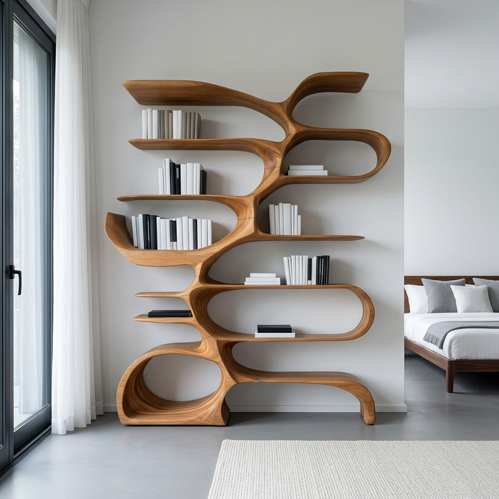 Sculptural Wooden Bookcase For Modern Living Room Storage Lynnsnail