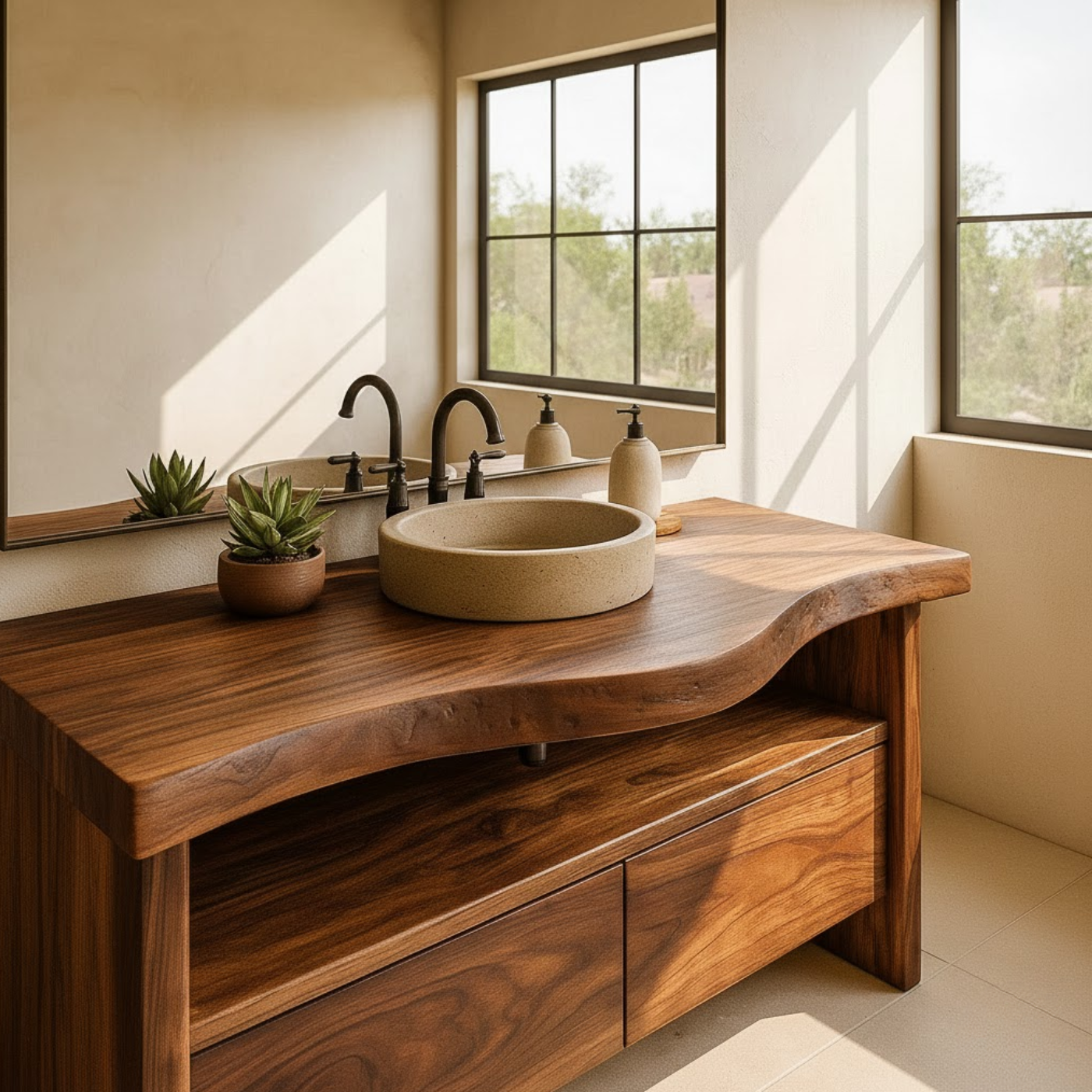 Handcrafted Solid Wood Bathroom Vanity with Live-Edge Walnut Top and Modern Storage Drawers Lynnsnail