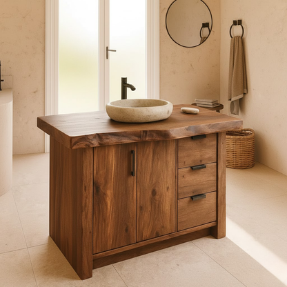 Handcrafted Solid Wood Bathroom Vanity with Live-Edge Top and Modern Storage Drawers Lynnsnail
