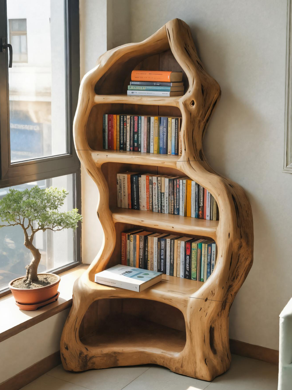 Organic Live Edge Bookshelf For Rustic Living Room Or Office Lynnsnail