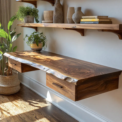 Aelric Live Edge Solid Wood Floating Desk with Drawers Lynnsnail