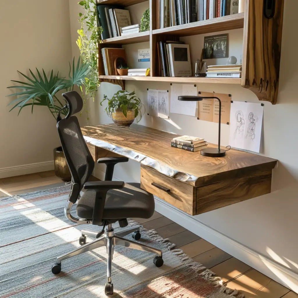 Aelric Live Edge Solid Wood Floating Desk with Drawers Lynnsnail