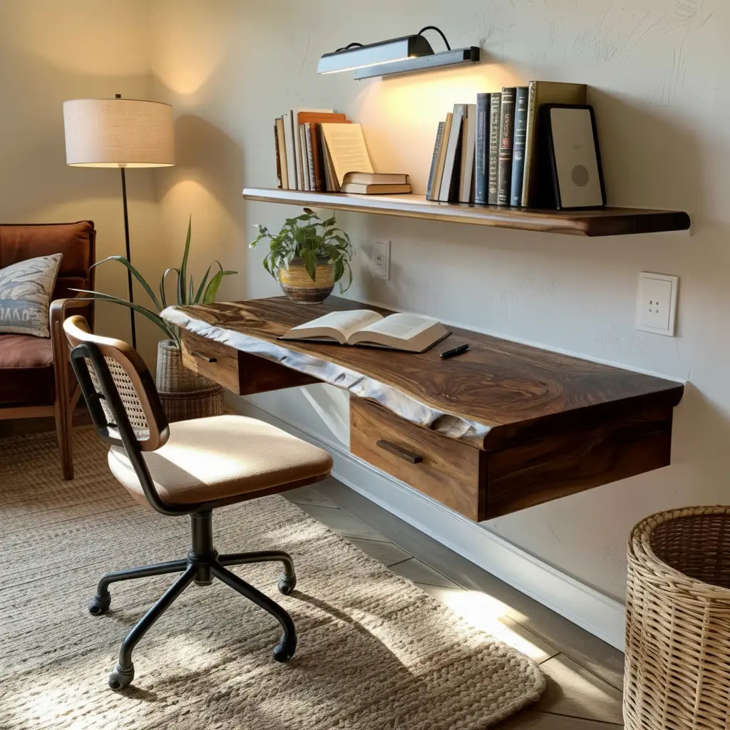 Aelric Live Edge Solid Wood Floating Desk with Drawers Lynnsnail