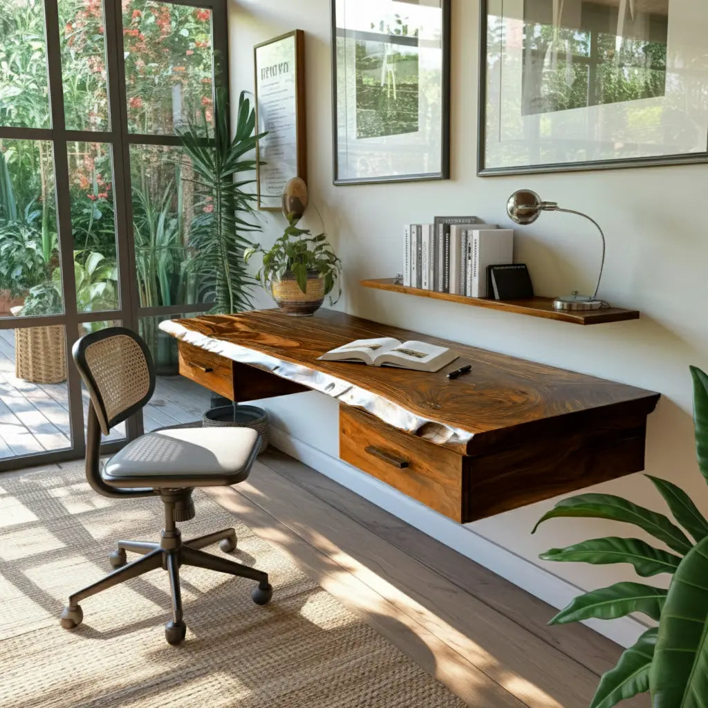 Aelric Live Edge Solid Wood Floating Desk with Drawers Lynnsnail