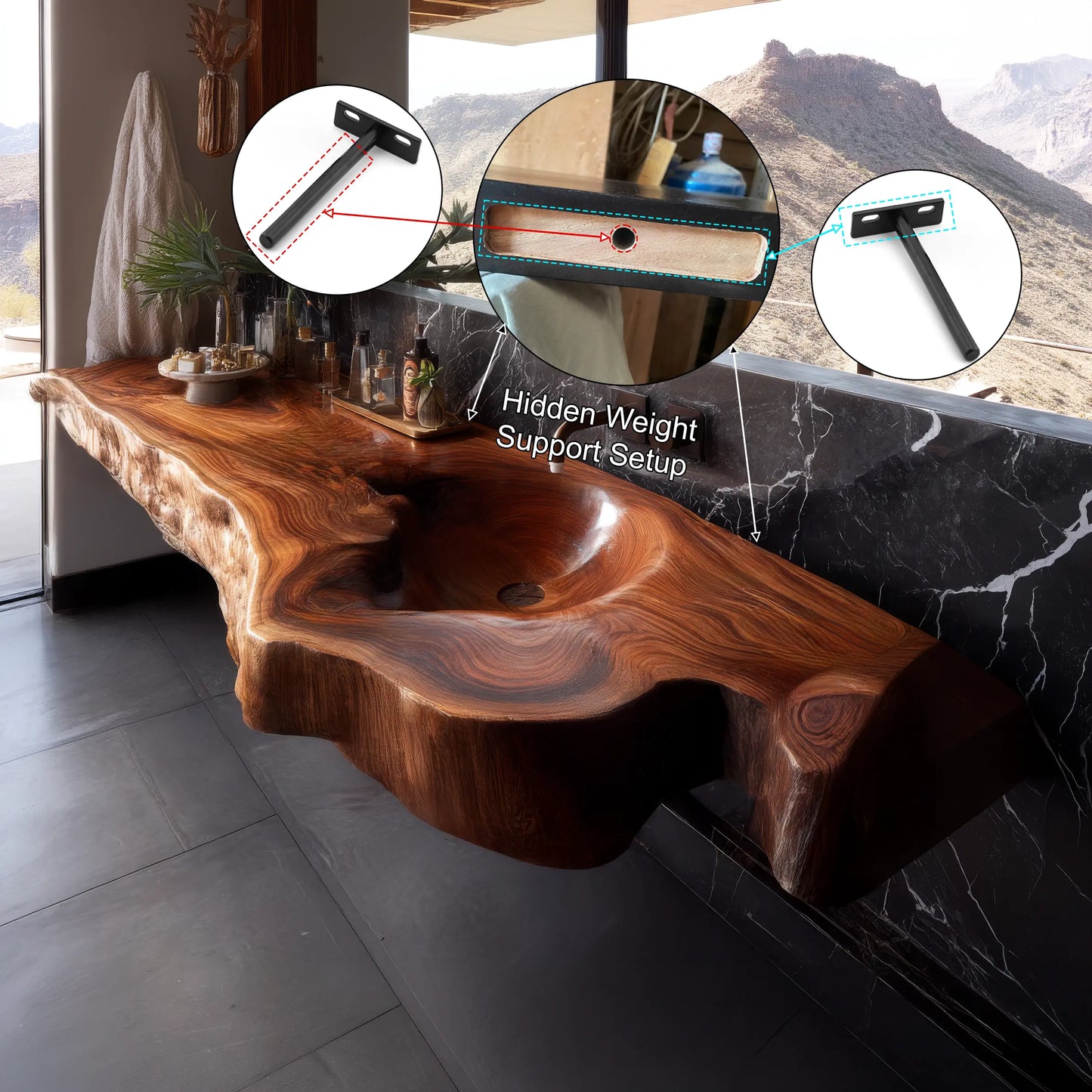 Ardento Sculpted Live Edge Solid Wood Floating Bathroom Vanity with Integrated Sink SPA353452 Lynnsnail