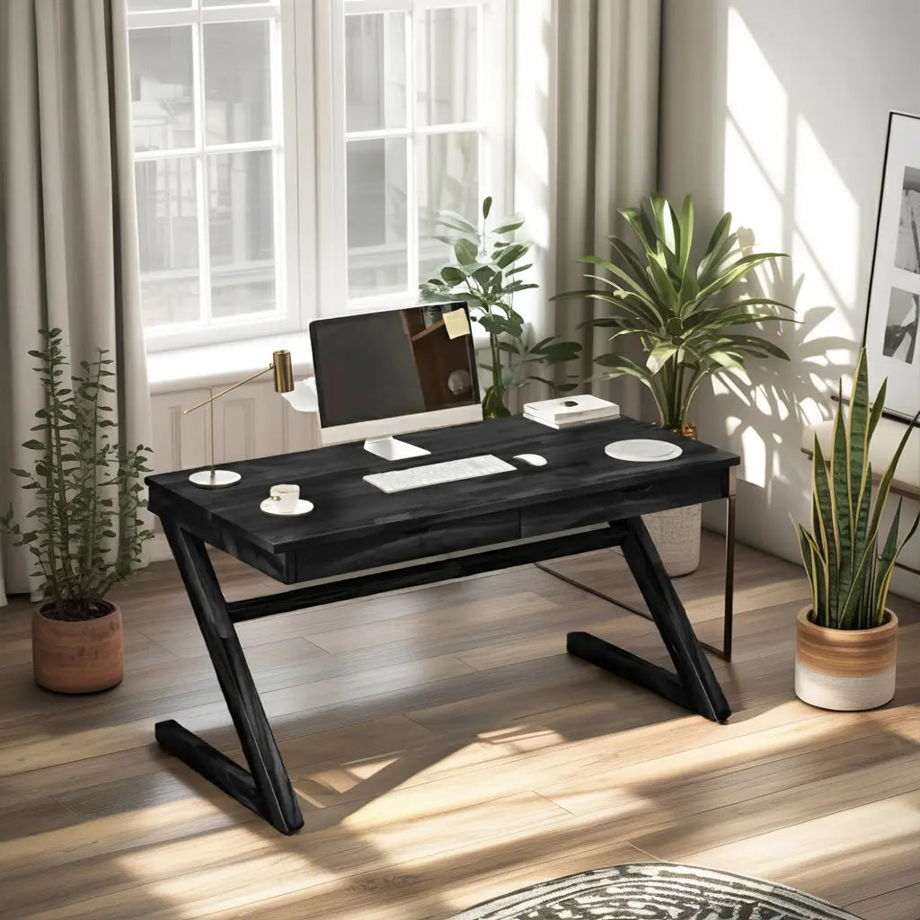 Modern Z Leg Wooden Writing Desk With Drawers For Home Office Or Studio Lynnsnail