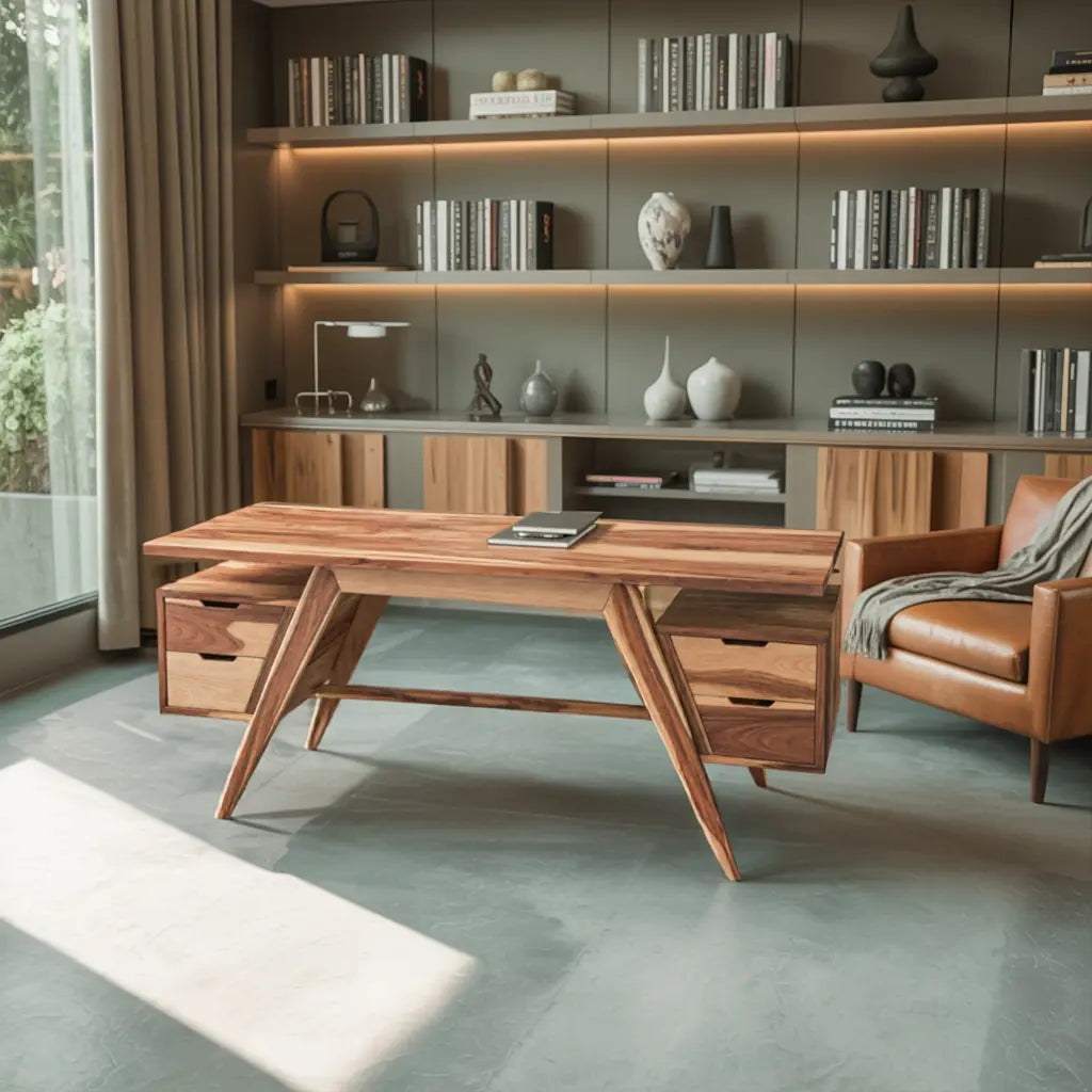Modern Executive Wooden Desk With Angled Legs And Drawers For Home Office Lynnsnail