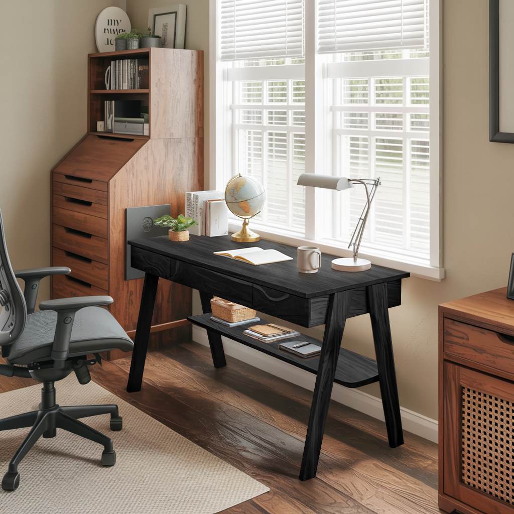 Mid Century Wooden Writing Desk With Drawers And Shelf For Home Office Lynnsnail