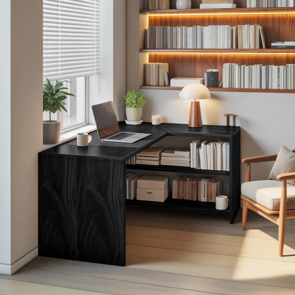 Modern L Shaped Wooden Desk With Bookshelf For Home Office Or Study Lynnsnail