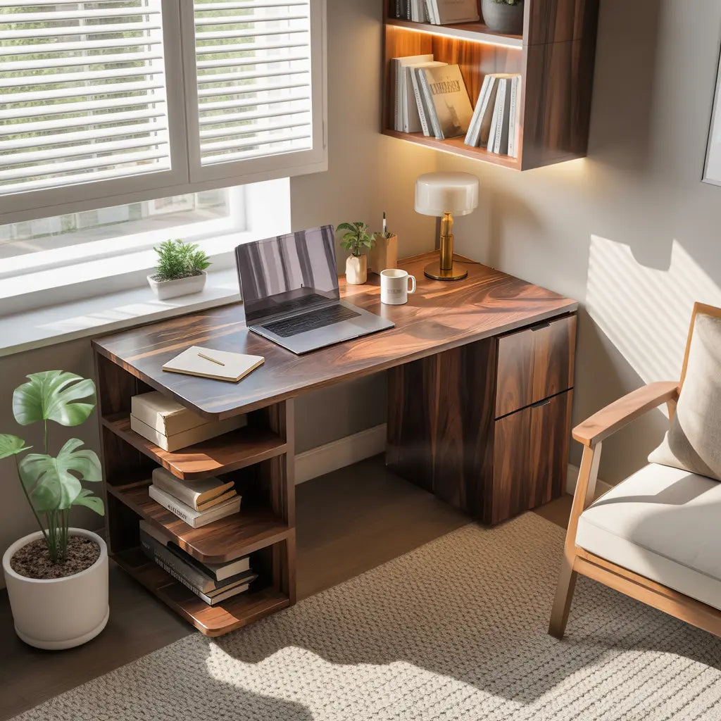 Contemporary Wooden Desk With Shelves And Drawers For Home Office Lynnsnail