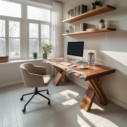 Live Edge Wooden Desk With X Legs For Rustic Home Office Or Studio Lynnsnail