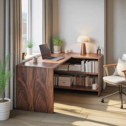 Modern L Shaped Wooden Desk With Bookshelf For Home Office Or Study Lynnsnail