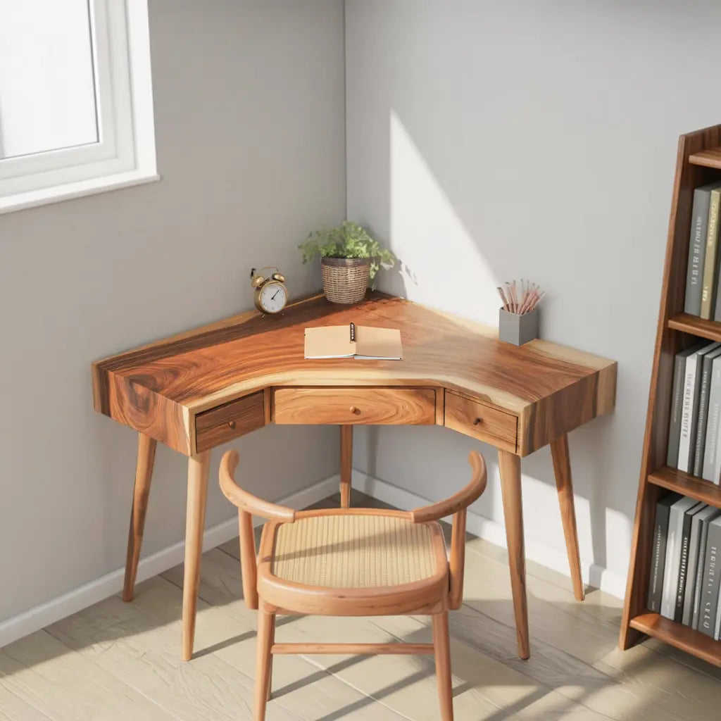 Mid Century Corner Wooden Desk With Drawer For Home Office Or Study Lynnsnail