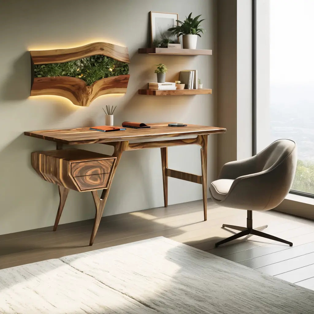 Mid Century Modern Wooden Writing Desk With Floating Drawer For Studio Lynnsnail