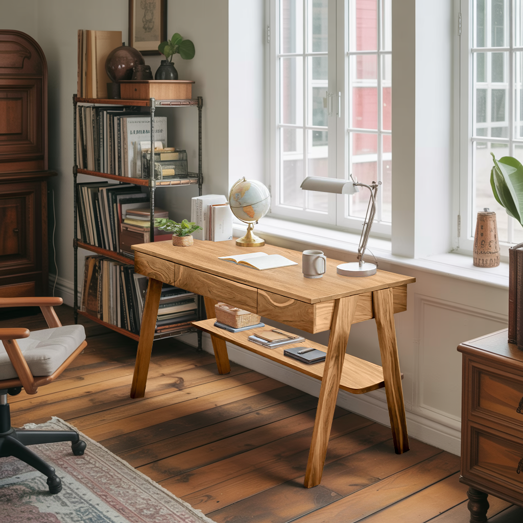 Mid Century Wooden Writing Desk With Drawers And Shelf For Home Office Lynnsnail